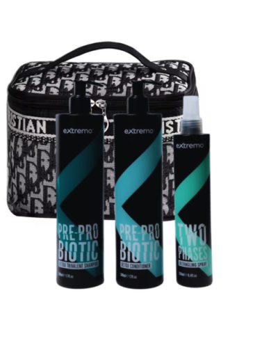 Комплексний набір для жирного волосся та проти лупи Extremo Pre-Pro Biotic з косметичкою у подарунок Christian Dioro, 2х500/250 мл