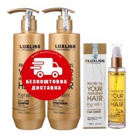 Кератиновий догляд для всіх типів волосся Luxliss Keratin Care, шампунь, кондиціонер, сироватка 500/500/50 мл