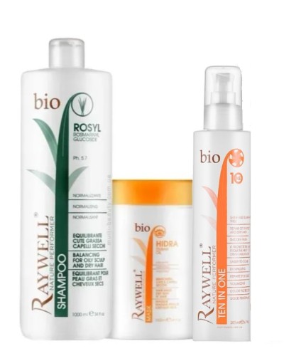 Набір Raywell BIO для жирної шкіри голови та сухого волосся: Шампунь ROSY, Маска HIDRA, термозахист 10в1, 500+500+100 г (розлив)