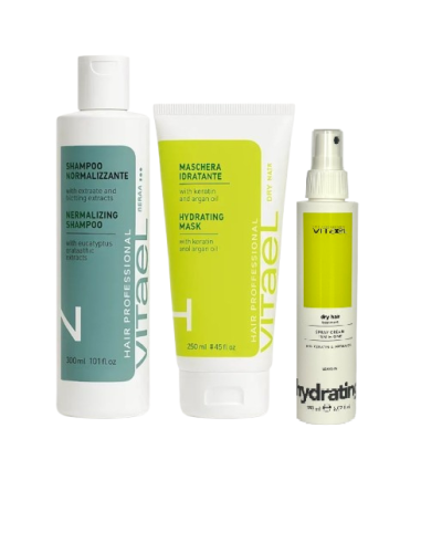  Набір для жирної шкіри голови, зволоження сухого волосся VITAEL Dry Hair шампунь NORMALIZING, маска Hydrating, термозахист Ten In One 300/250/150 мл