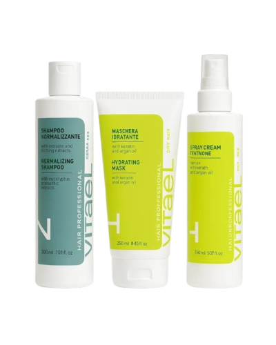  Набір для жирної шкіри голови, зволоження сухого волосся VITAEL Dry Hair шампунь NORMALIZING, маска Hydrating, термозахист Ten In One 300/250/150 мл