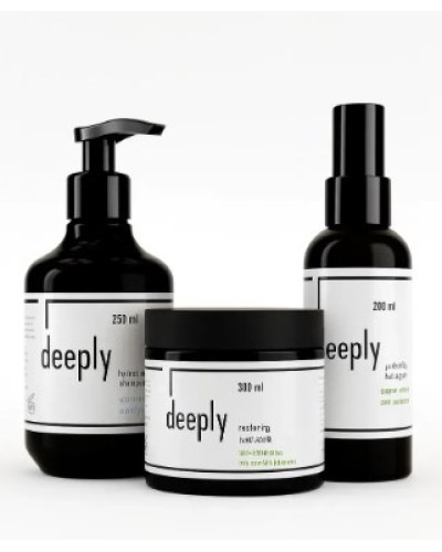 Набір deeply для інтенсивного зволоження сухого пошкодженого волосся шампунь hydrating, маска restoring та спрей 10 у 1 protecting hair spray 300/250/200 мл